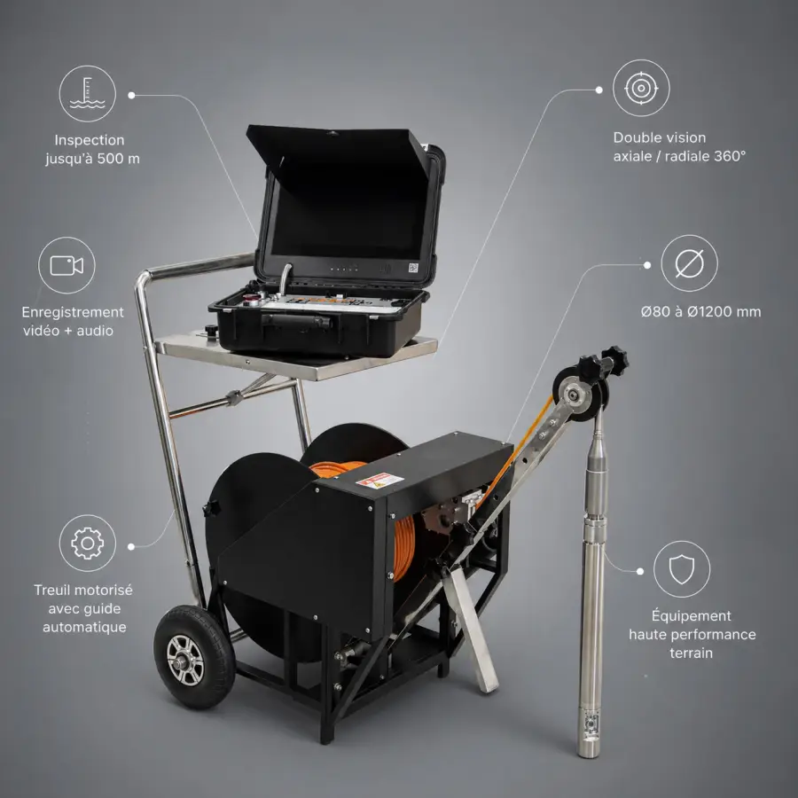 Ensemble caméra d'inspection de forage sur chariot : régie vidéo, treuil à câble orange avec guide automatique et tête de caméra verticale